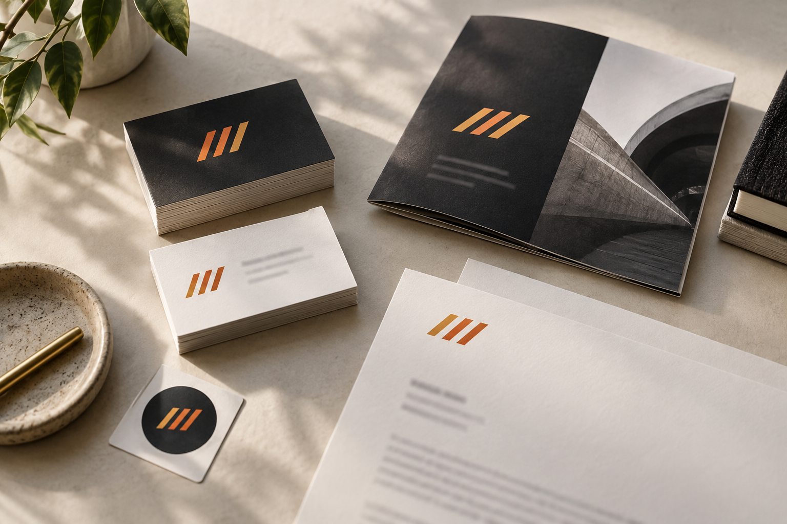 Illustrative black and orange business cards, brochure, letterhead and sticker arranged on a desk